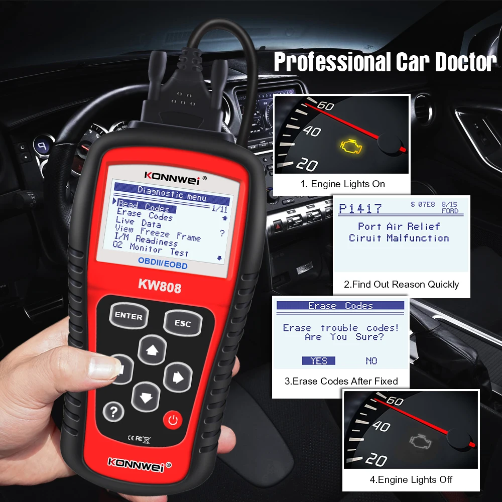 KONNWEI KW808 OBD 2 Car Scanner OBD2 Auto Automotive Diagnostic Scanner Tool Engine Fualt Code Reader Odb Tools for Cars