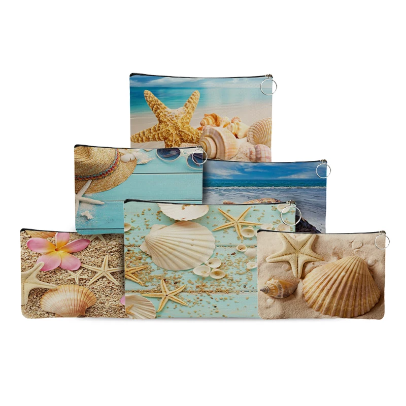 

Soft Canvas Beach Sand Starfish Print Women Travel Pouch Storage Bag Toiletries Organize Cute Cosmetic Bag Portable Makeup Case