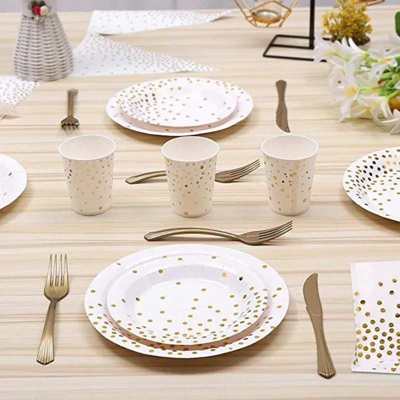 Thickening Party Disposable Tableware Set White Gilding Round Dot Plate Straws Cups Birthday Party Decor Kid Baby Party Supplies