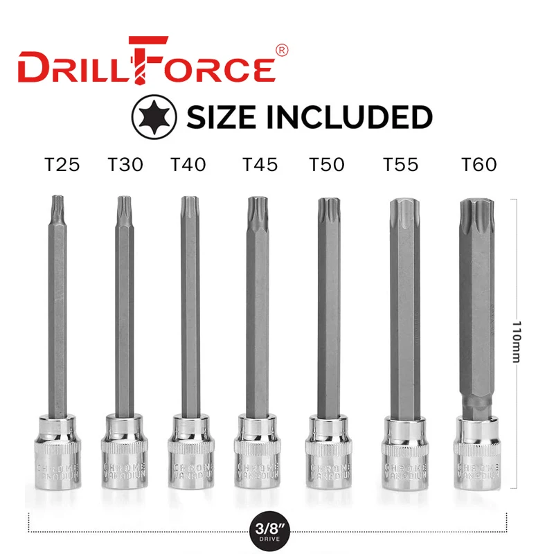 Drillforce 7 pièces T25-T60 3/8 "Drive Torx jeu d'embouts de douille 110mm adaptateur Spblown Wrosimilaire outils de réparation T25/T30/T40/T45/T50/T55/T60