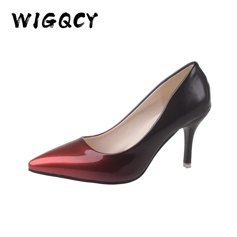 Gradient color patent leather women\'s shoes 2019 spring and summer new pointed shallow mouth sexy stiletto heels work shoes