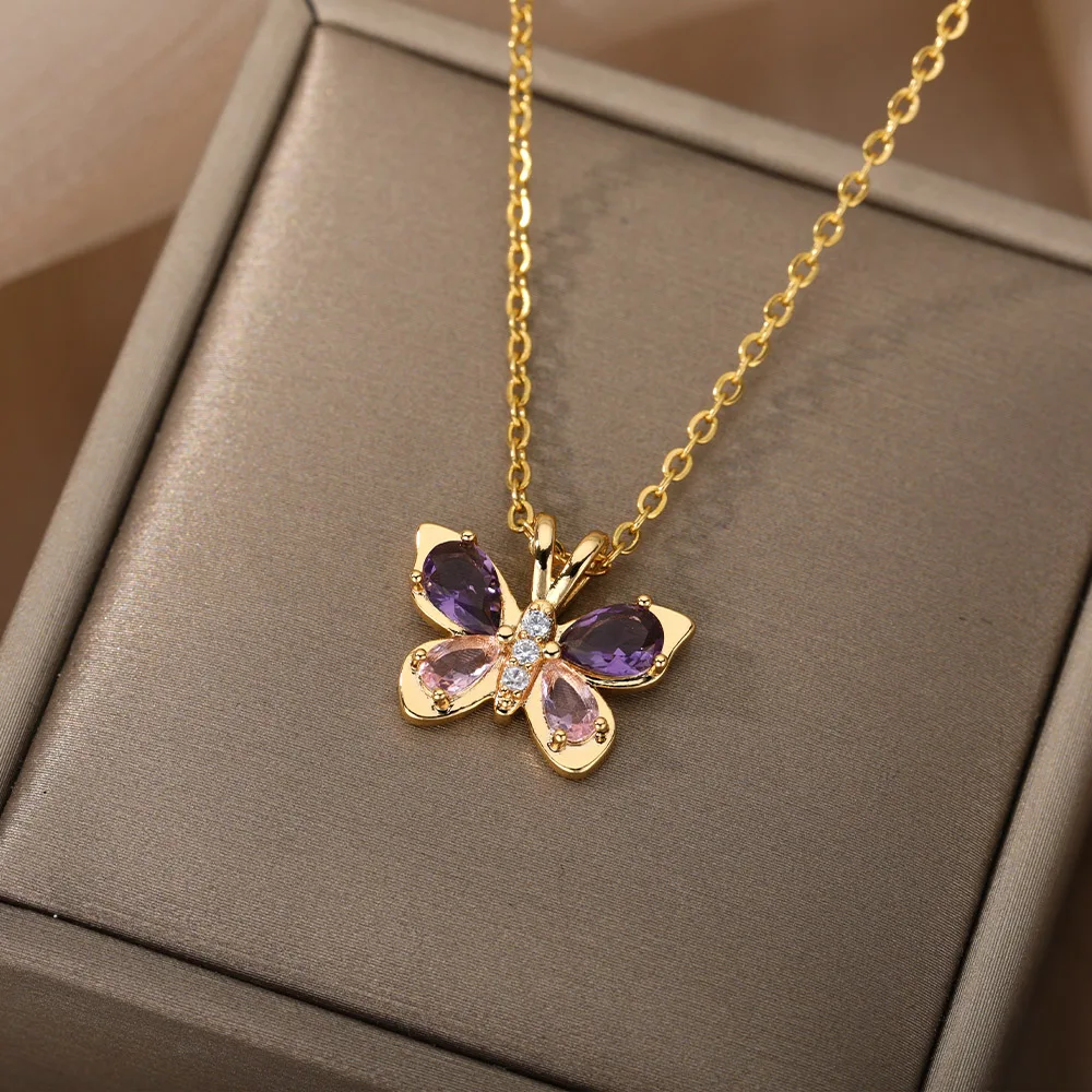 Zircon Butterfly Pendant Necklace For Women Gold Color Stainless Steel Necklaces Couple Aesthetic Jewelry Freeshipping Items BFF