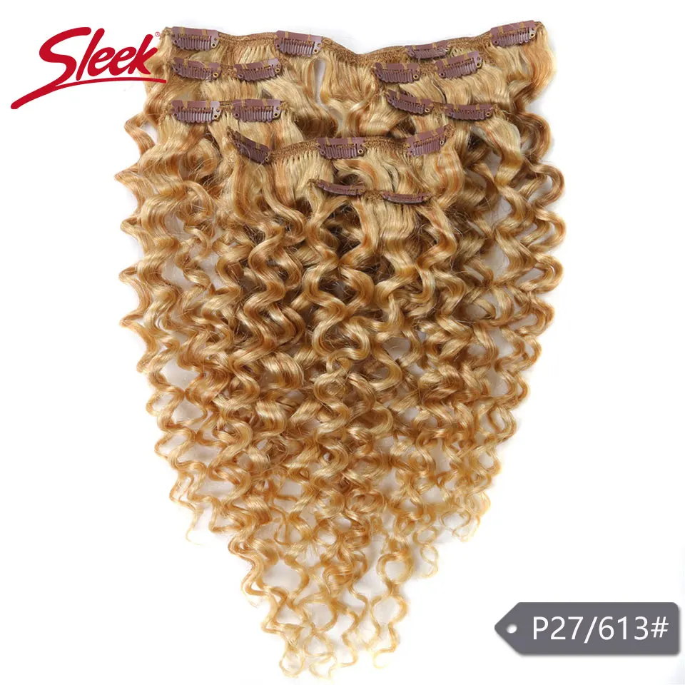 Sleek Haar 7Pcs Clip in Menschliches Haar Verlängerung Brasilianische Jerry Lockige Honig Blonde # P27/613 Farbe Remy haar Verlängerung Clip