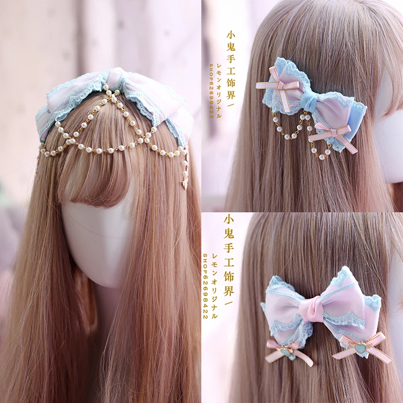 Pink blue dream color Japanese handmade bow hairpin soft sister bow hair accessories headdress LOLITA original