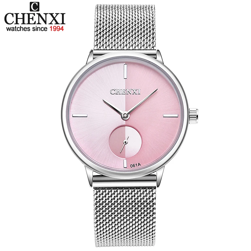 CHENXI Fashion Blue Watch Women Stainless Steel Mesh Band Quartz Wristwatches Ladies Small Seconds Watches Female Clock Gift