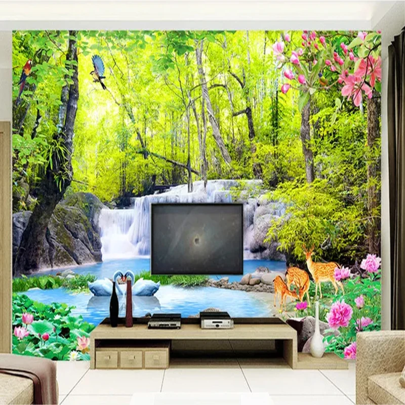 Custom 3D Peony Forest Waterfall Nature Landscape Photo Wall Painting Kitchen Room TV Background Decoration Mural De Parede