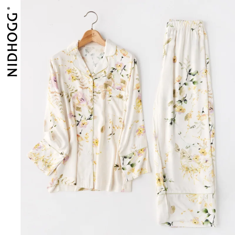 Autumn Satin Lapel Pajamas Viscose Long Sleeve Long Pants Pijamas Fresh Elegant Rose Flower Printing Sleepwear White 2 Piece Set