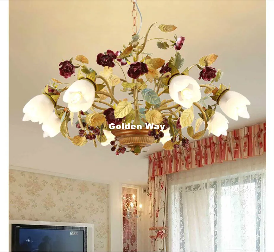 European Floral Design D70cm 6L Chandelier Lighting Glass Shade Rose Lamp Living Room Hanging Lights Dining Room Bedroom Lights