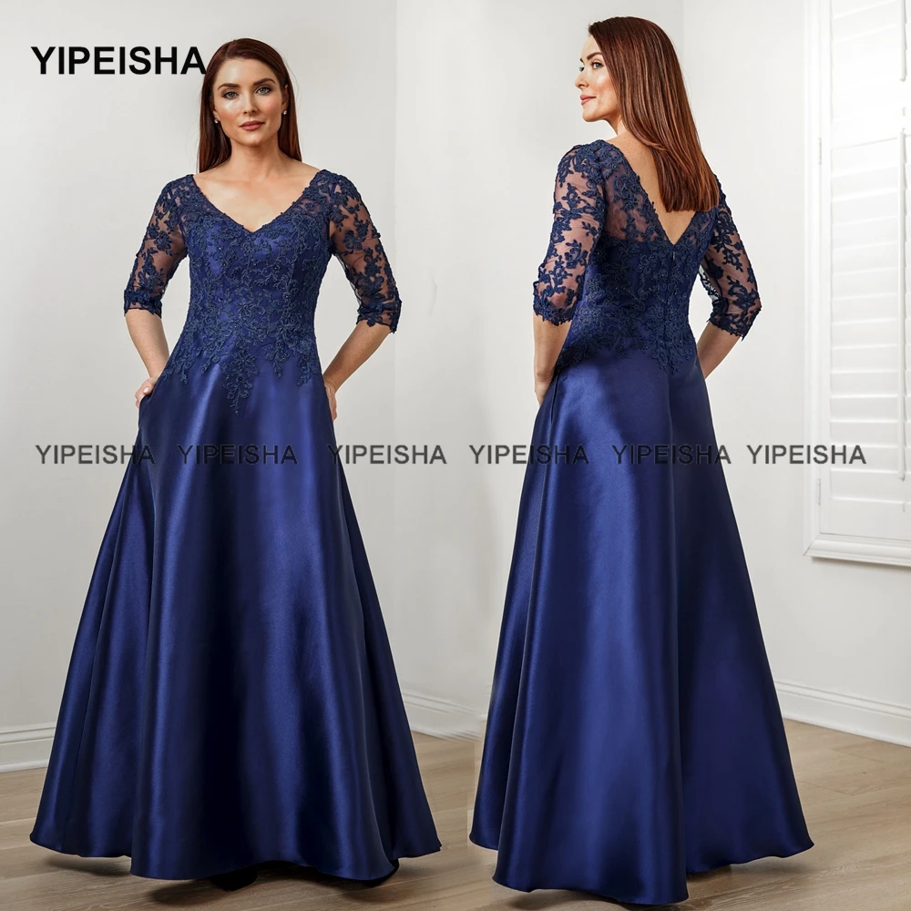 Yipeisha V-neck Mother of Bride Dress Three Quarter Sleeves Formal Lace Evening Gown for Mom Robe de Soiree Longue Plus Size