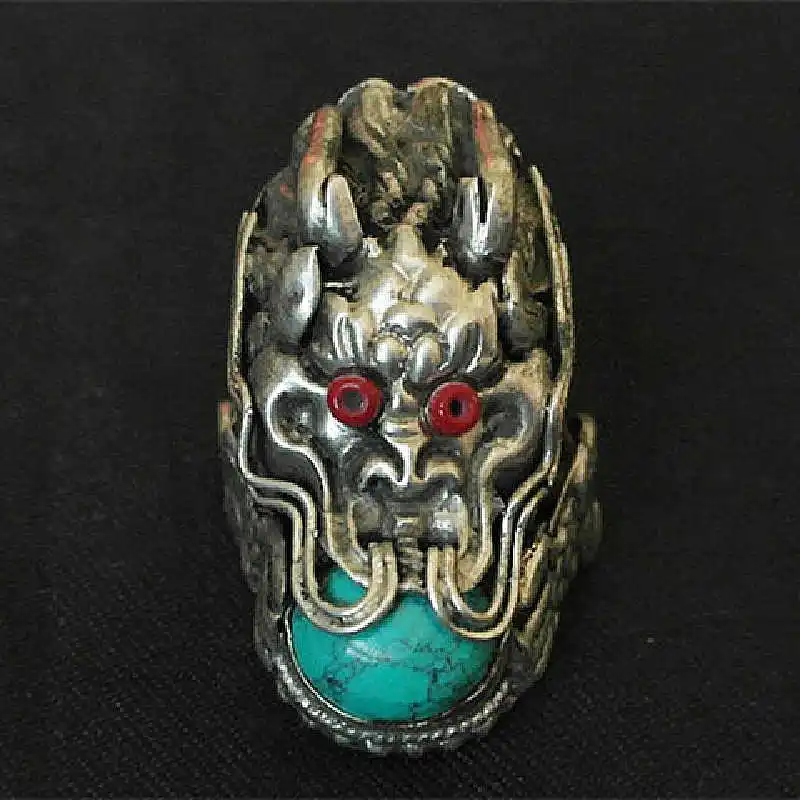 Tibetan Dragon Amulet Rings for Man Copper inlaid Bead Big Ring Multi Stones R024