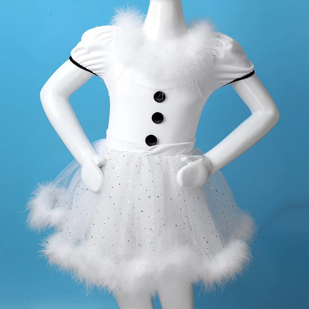 TiaoBug Kids Girls Christmas Swan Dance Costume White Feather Short Sleeve Sequins Mesh Tutu Ballet Leotard Figure Skating Dress