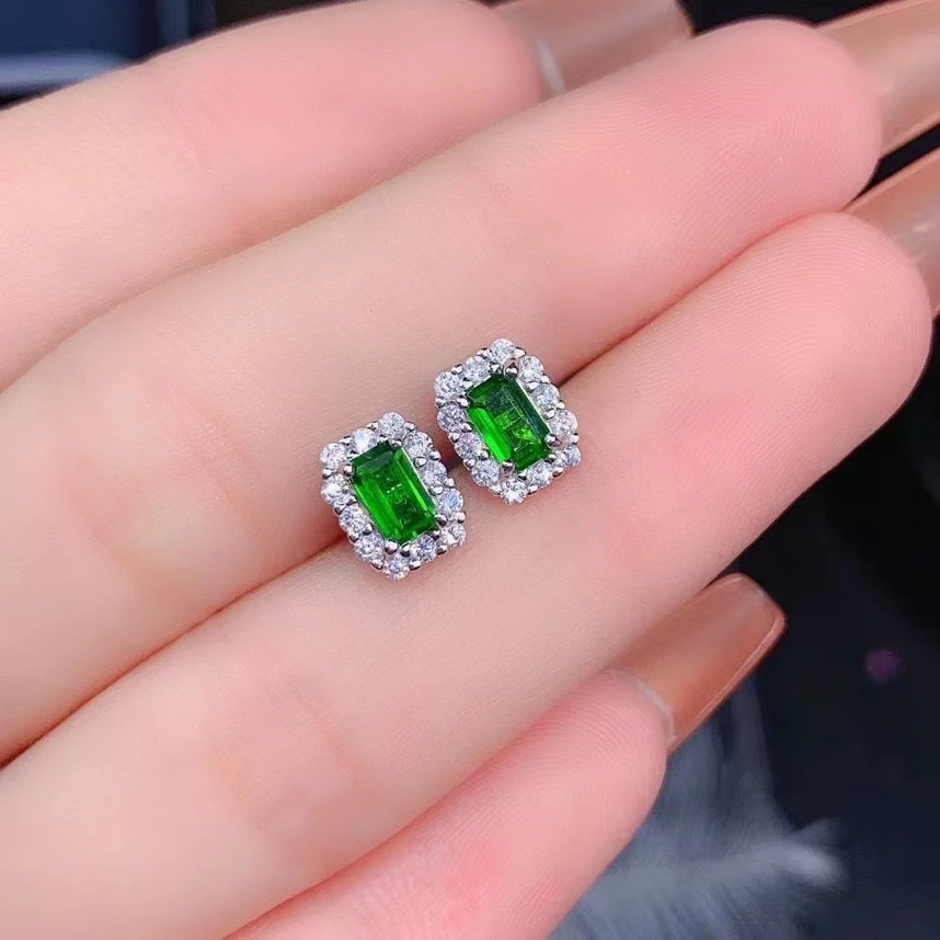 Fine Jewelry 925 Sterling Silver Inset With Natural Gem Women's Luxury Vintagt Rectangle Diopside Earrings Ear Stud Support Dete