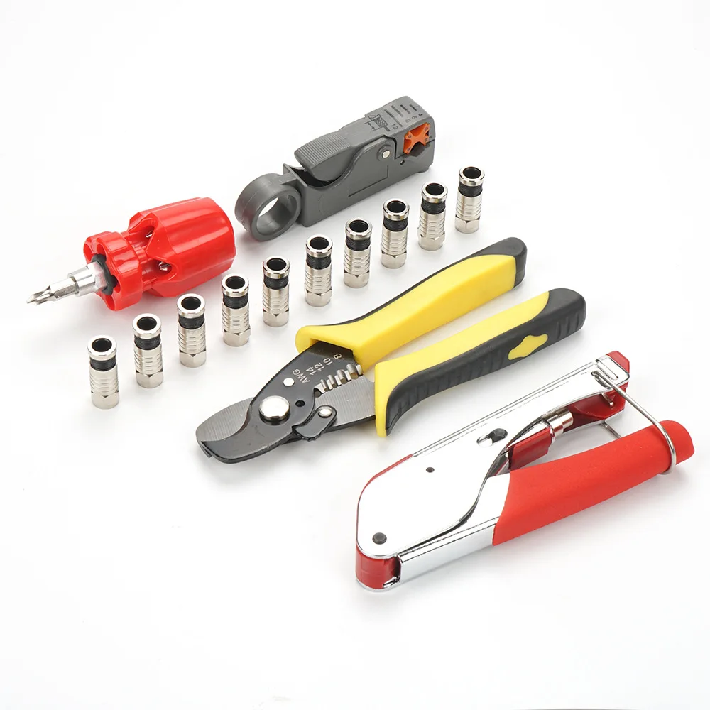 Multifunctional tool set with RG6/RG59 F Compression pliers wire stripper cutting tools 10pcs coaxial connectors screwdriver