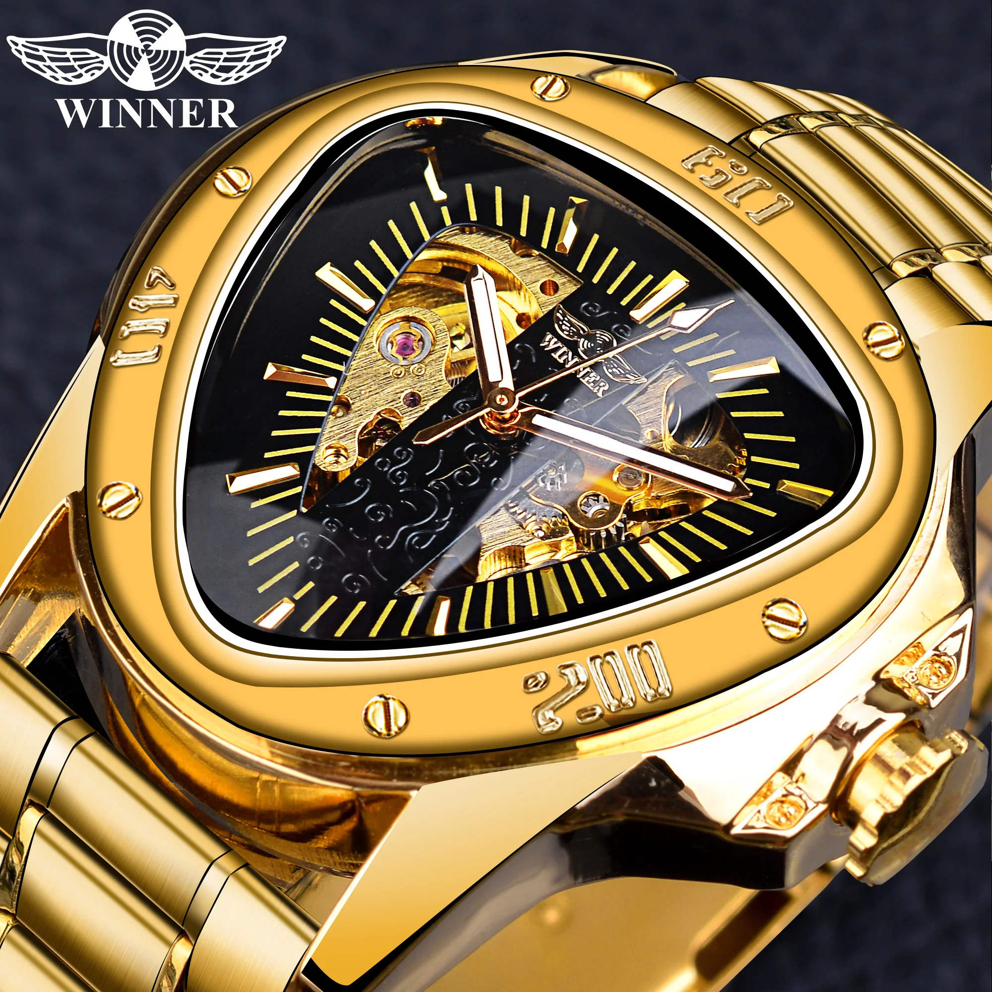 Winner Skeleton Mechanical Watch Triangle Men Automatic Wristwatches Irregular Golden Luxury Stainless Steel Men Outdoor Watches