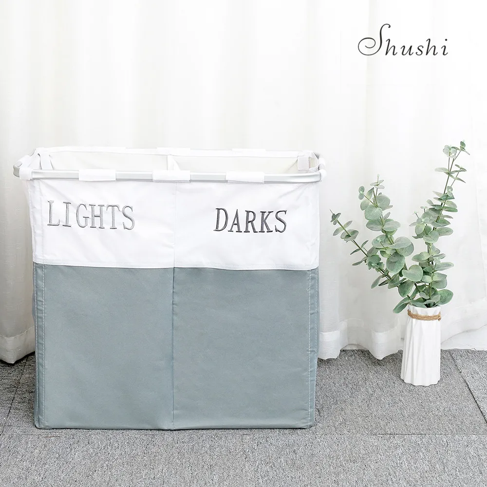 

Shushi Waterproof Foldable Home Laundry Basket Two Grid Metal Frame Laundry Organizer Collapsible Dirty Clothes Basket Storage