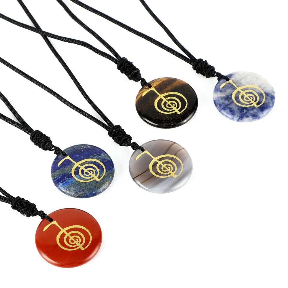 12 colori pietra naturale incidere Reiki spirale simbolo Cho Ku Rei collana pendente tondo ametista guarigione cristallo uomo donna gioielli