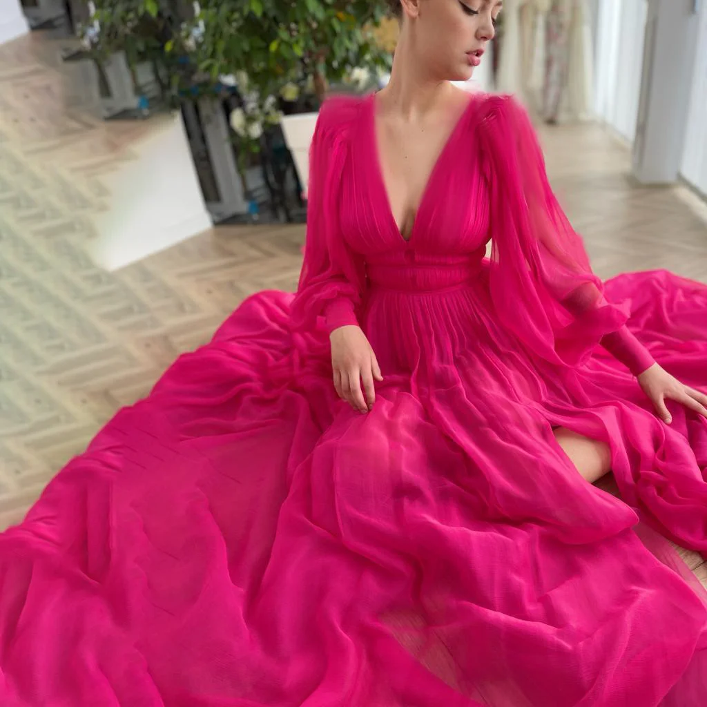 High Split V Neck Ruched Chiffon Evening Dress Custom Made Simple Long Puff Sleeves A Line Pleated Backless Cocktail Prom Gowns