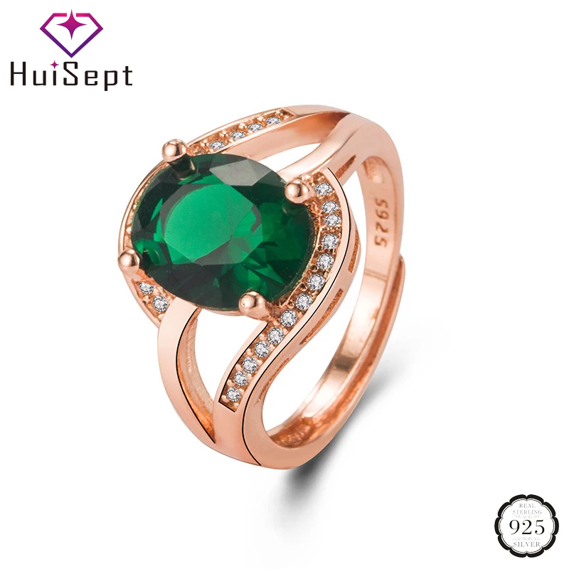 

HuiSept Classic Women Ring 925 Silver Jewelry Oval Emerald Zircon Gemstone Open Rings for Women Wedding Engagement Accessories