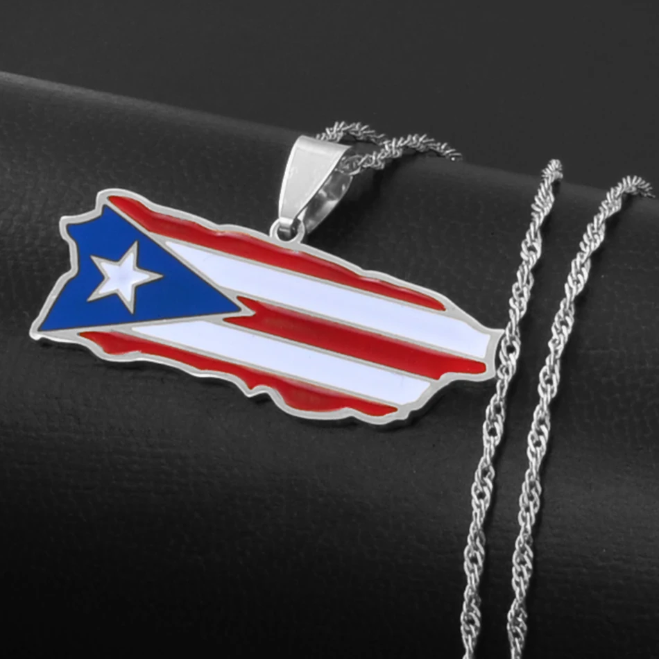 Anniyo Puerto Rico Map and Colored Flag Pendant Necklaces Gold Color PR Puerto Ricans Jewelry #136721