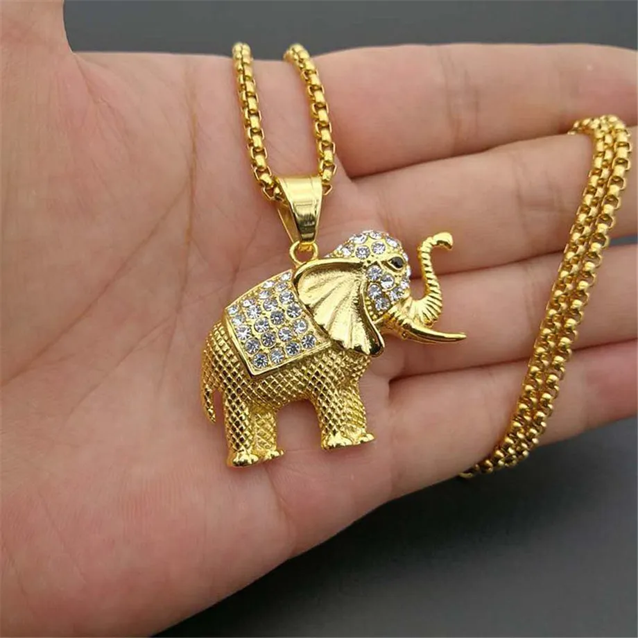 Iced Out Zircon Elephant Pendant Animal Necklace Jewelry Gold Color Stainless Steel Bling CZ Men\'s Hip Hop Pendant For Women