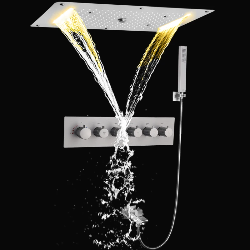 

Brushed Nickel Thermostatic Rainfall Shower Faucets Set 700X380 MM LED Bathroom High Flow Shower Waterfall