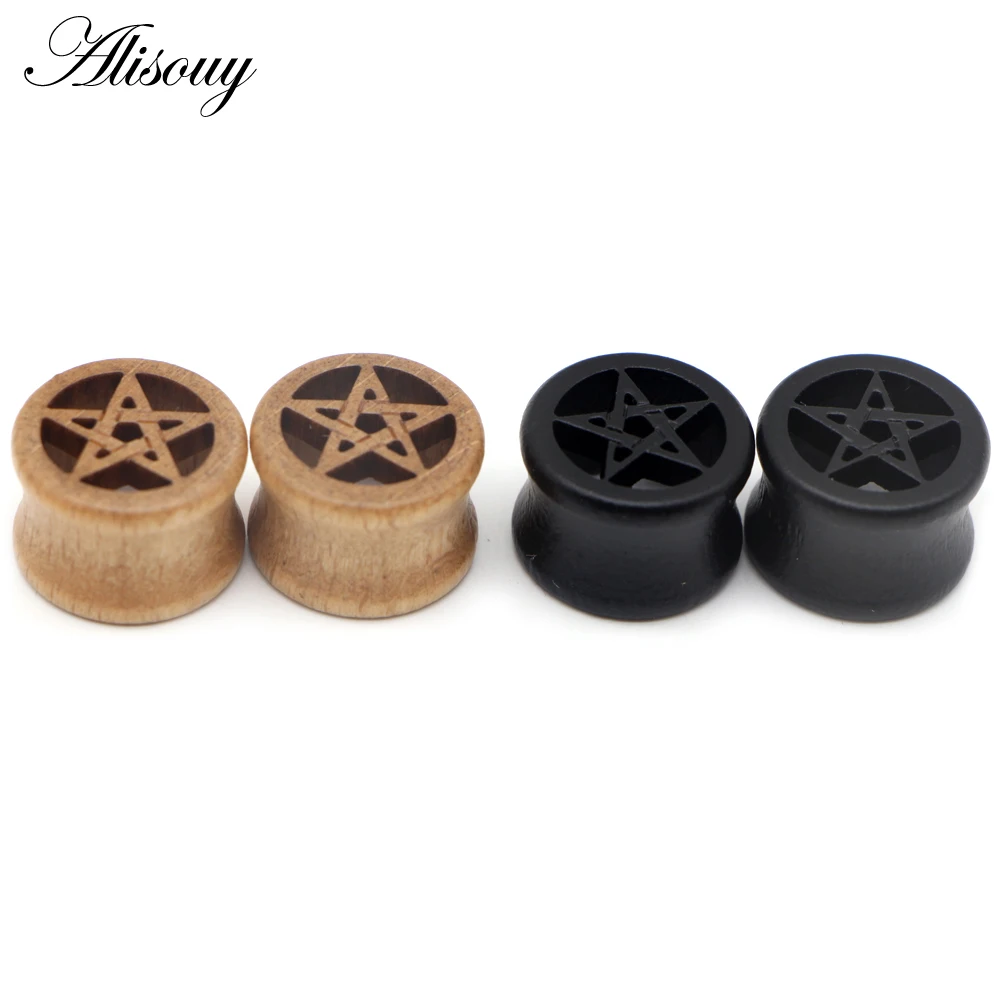 Alisouy 2PCS Fashion Ear Plugs Black Wood Flesh Tunnels Saddle Ear Gauges Solid Hollow Star Body Piercing Jewelry Expanders