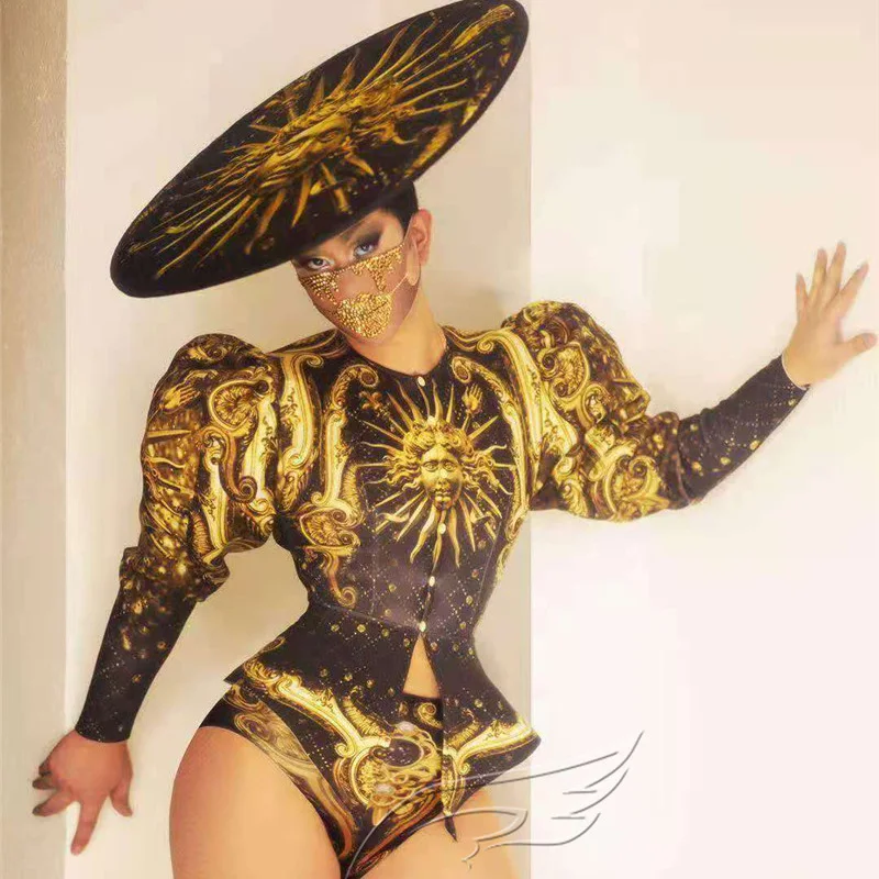 

Nightclub Party Female Singer Costumes Sun Print Puff Sleeve Tops Shorts Gogo Dancer Pole Dance Clothing Big Headdress DQL4815