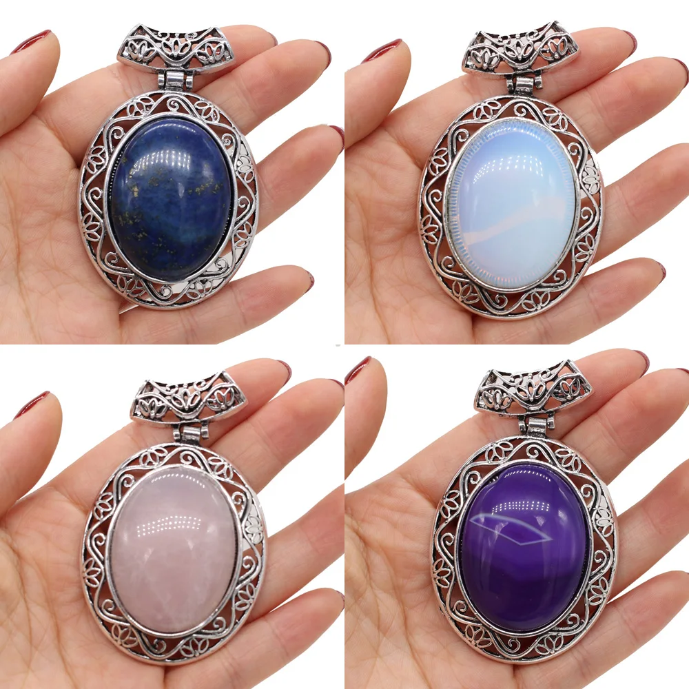 Natural Stone Antique Silver-Color Lapis lazuli Necklace Pendant Charms Crystal for Jewelry Making Vintage Necklace Earring