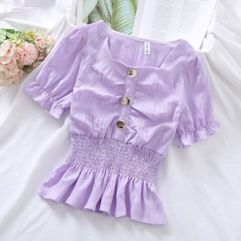 Blouses Women Candy Colors Ulzzang Kawaii Fashion Ins Preppy Clothing Summer Sweet Lovely Girls Slim 2021 Shirring Square Collar