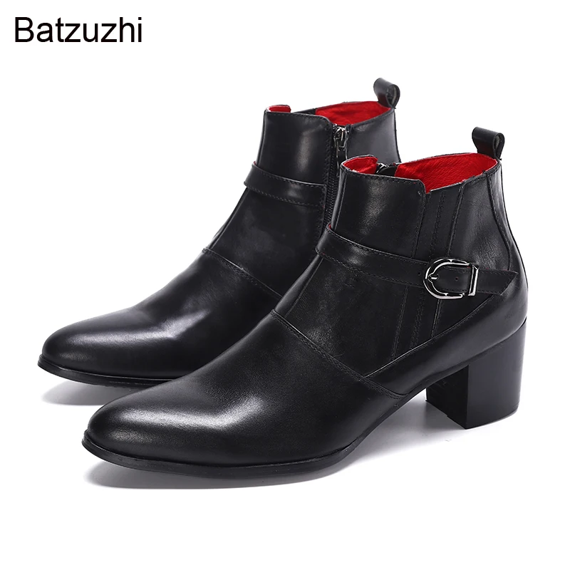 Batzuzhi Handmade Luxury Leather Ankle Boots Men Pointed Toe Black Business Leather Short Boots for Men Buckle Zip High Heels