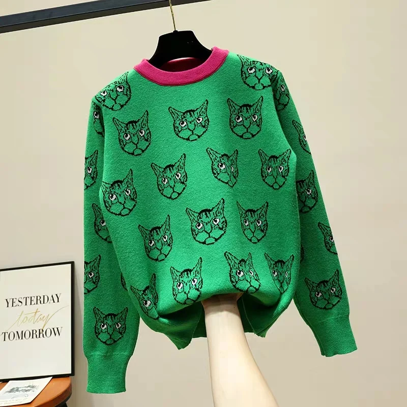 High Quality Runway Designer Cat Print Knitted Sweaters Pullovers Women Autumn Winter Long Sleeve Harajuku Sweet Jumper