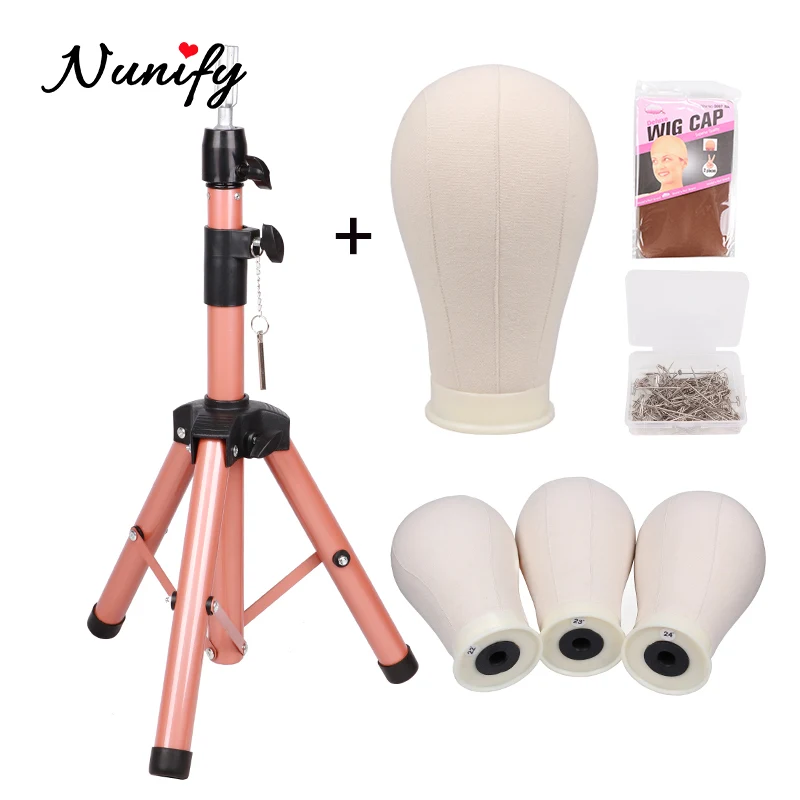 Nunify 1Pcs Pink Adjustable Wig Tripod Stand With 1Pcs Canvas Head 50Pcs T Pins 2Pcs Stocking Wig Cap Wit Making Kit For Salon