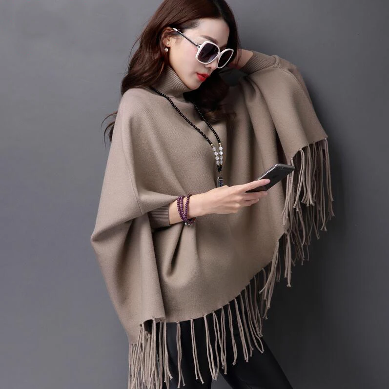 

Turtleneck Cloak Sweater New Fashion Solid Knitting Poncho Batwing Sleeve Swing Tassel Hem Wrap Sweater Female