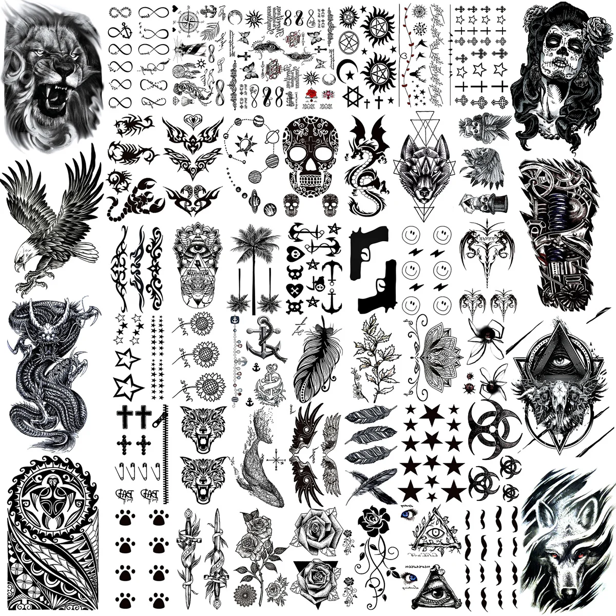 50 hojas de tatuajes temporales negros para hombres y mujeres, tatuaje falso realista, León, Animal, calavera, tótem, arte corporal, brazo, muslo para niños, tatuajes