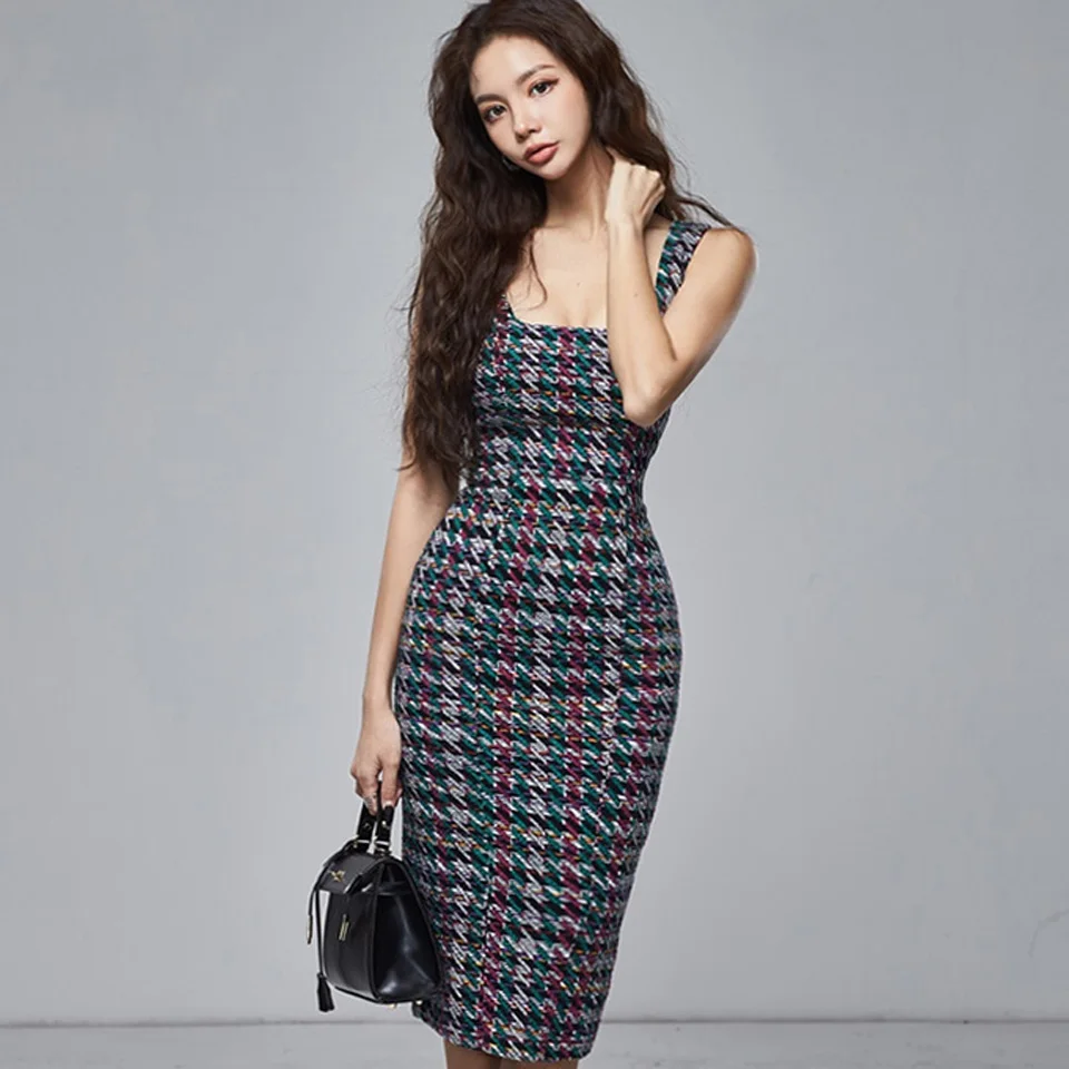 High Waist Slim Elegant Dress Summer Simple Small Sexy Square Collar Sleeveless Fashion Printing Women\'s Party Dress