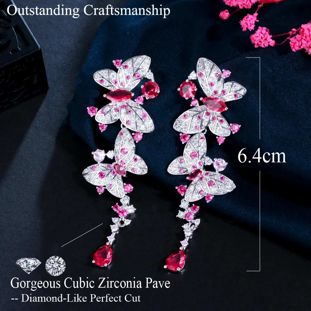 CWWZircons Shiny Pink Red Cubic Zircon Long Dangle Butterfly Earrings Luxury Women Party Wedding Jewelry Accessories Gift CZ011