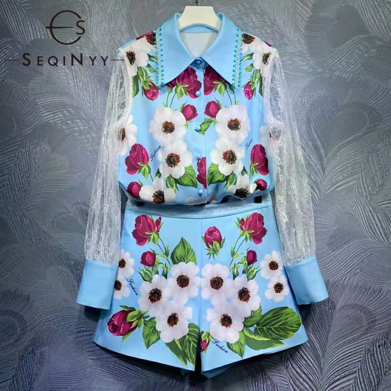 SEQINYY Blue Set Summer Spring New Fashion Design Women Runway High Quality Lace Shirt + Shorts Flowers Print Casual Suit