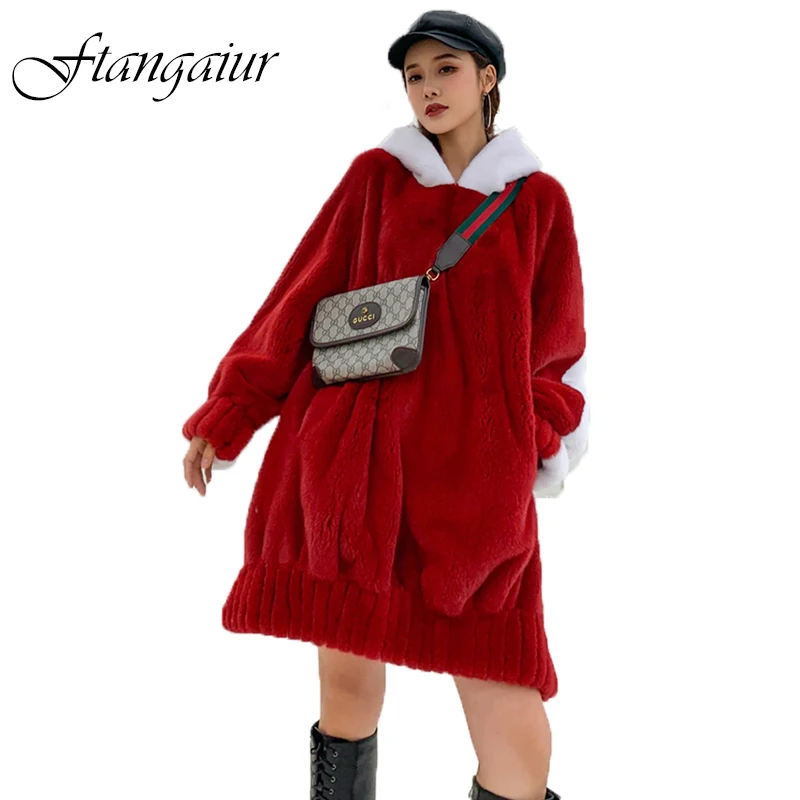 

Ftangaiur New Winter Import Velvet Mink Coat Patchwork With Hood Pullover Natural Fur Coat Women Medium Real Mink Fur Coats