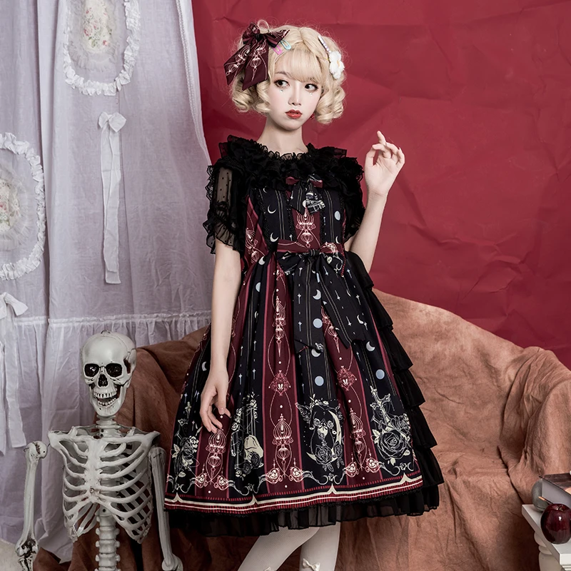 Black thorn rose jsk camisole Gothic palace sweet princess lolita dress vintage falbala high waist printing victorian dress set