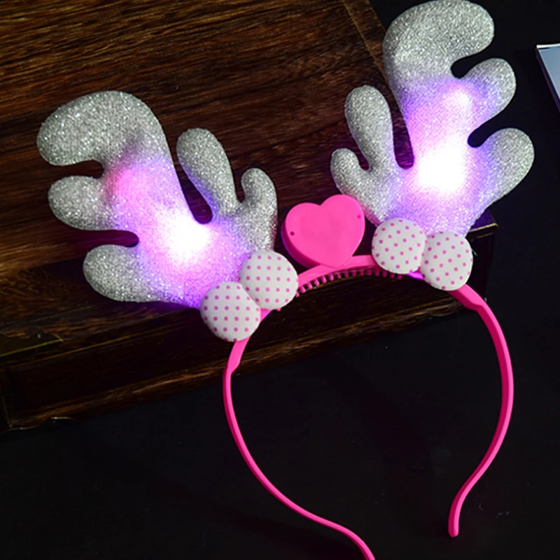 Glowing Christmas Party Headband Bow Glow In The Dark Concert Props Gold Powder Antler Headband Flashing Bow LED Light Toys