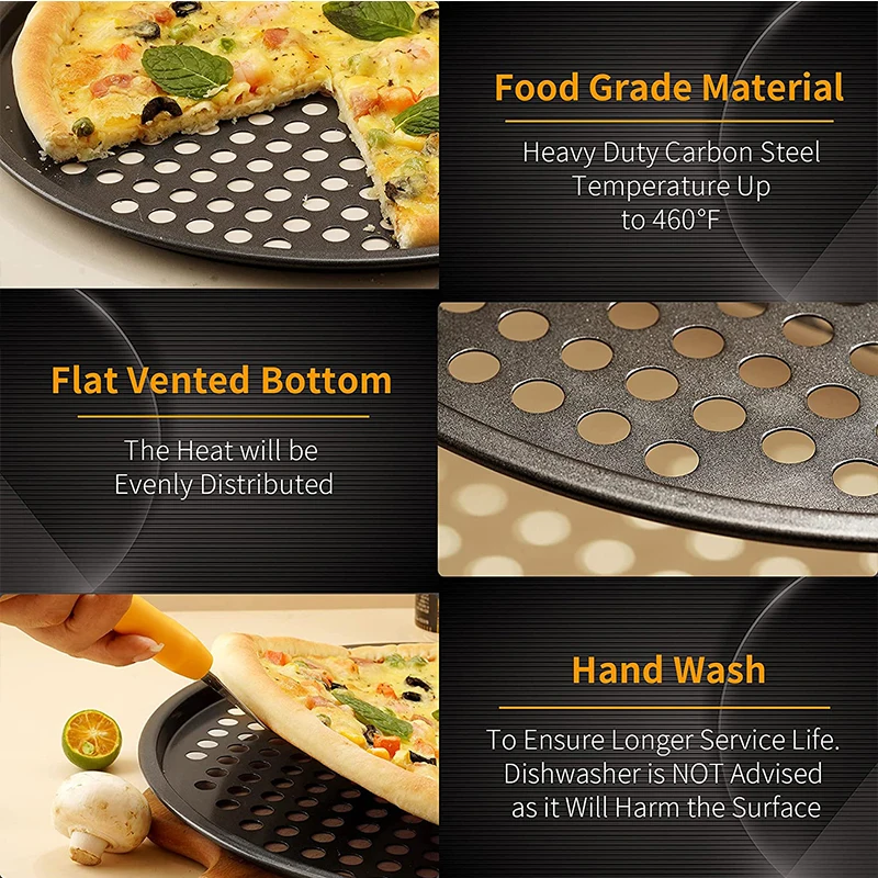 Nonstick Carbon Steel Pizza Crisper Trays Baking Pan with Holes Round Deep Dish Plate Bakewave Mould Oven Home Kitchen Tools