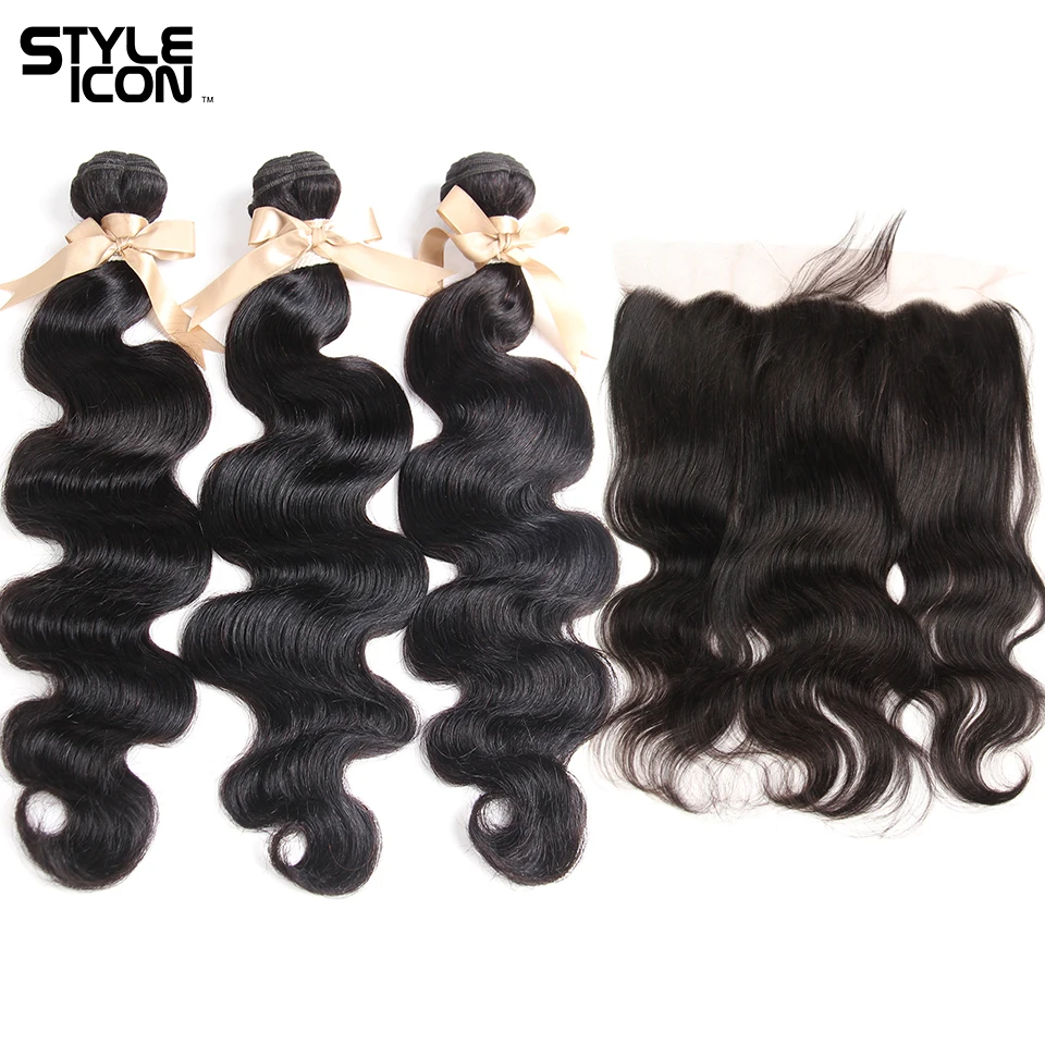 Styleicon-extensiones de pelo malayo ondulado con malla Frontal, mechones de cabello humano ondulado con malla de encaje Frontal, Bodywave