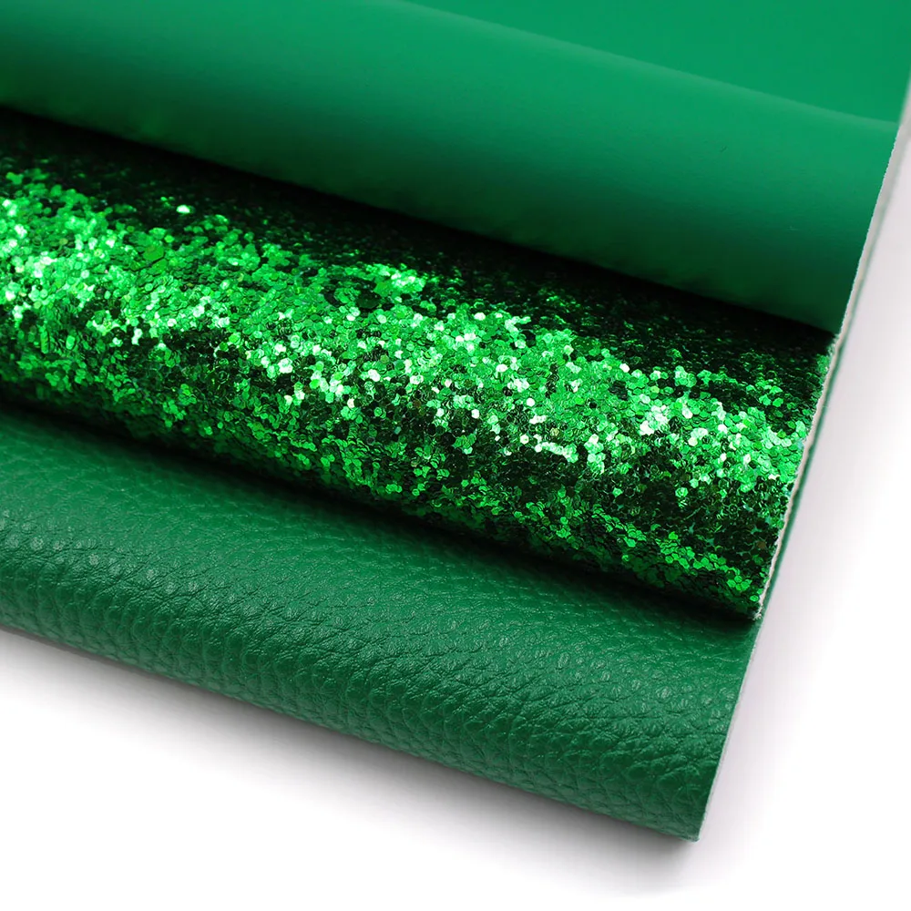 Green Series Faux Leather Sheet Rough Glitter Holographic Synthetic Leather Sheet Assorted 3pcs 7.7