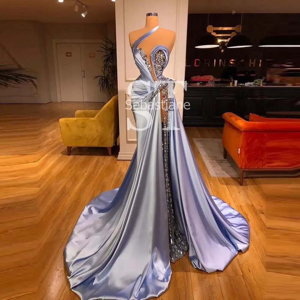 Robe de bal Sexy en Satin pour femmes, tenue de soirée à paillettes, avec fente latérale et perles, sur mesure, 2021