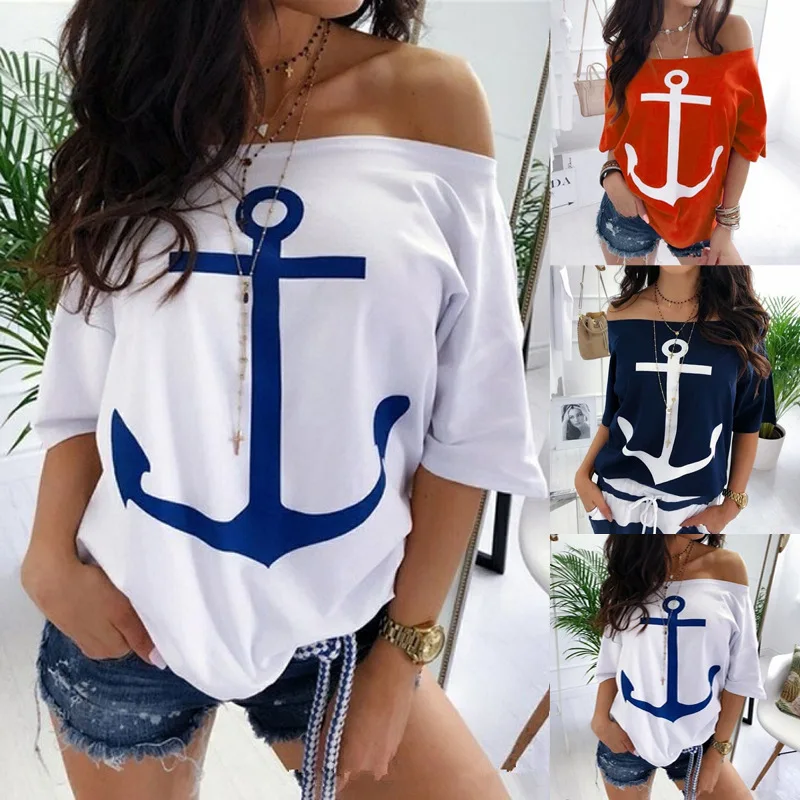 Boat Anchor Print Summer T Shirt Sexy Off Shoulder Half Sleeve Women\'s Casual Loose T-shirt White Red Plus Size S-5XL Tees Tops