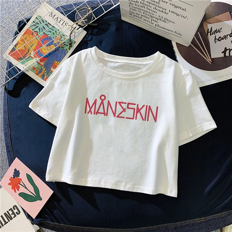 Y2K Tshirt Female Cropped Tops Maneskin White Crop Top Summer Funny Harajuku Streetwear T Shirt Women Clothes Tee Shirt Femme