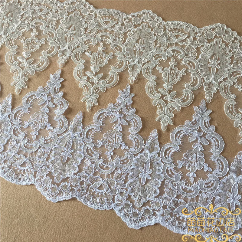 Delicate 1Yard White/Ivory Sequin Cording Fabric Flower Venise Venice Mesh Lace Trim Applique Sewing Craft for Wedding Dec. 23cm