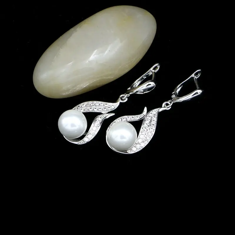 Silver 925 bridal Earrings White Pearl And Crystal Earrings For Women