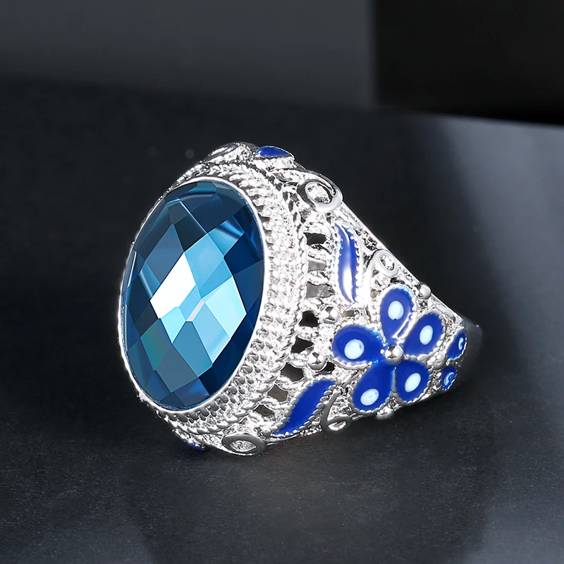 Kinel Chinese Style Colorful Enamel Ring for Women Fashion Tibetan Silver Blue Glass Stone Ring Vintage Jewelry Wholesale