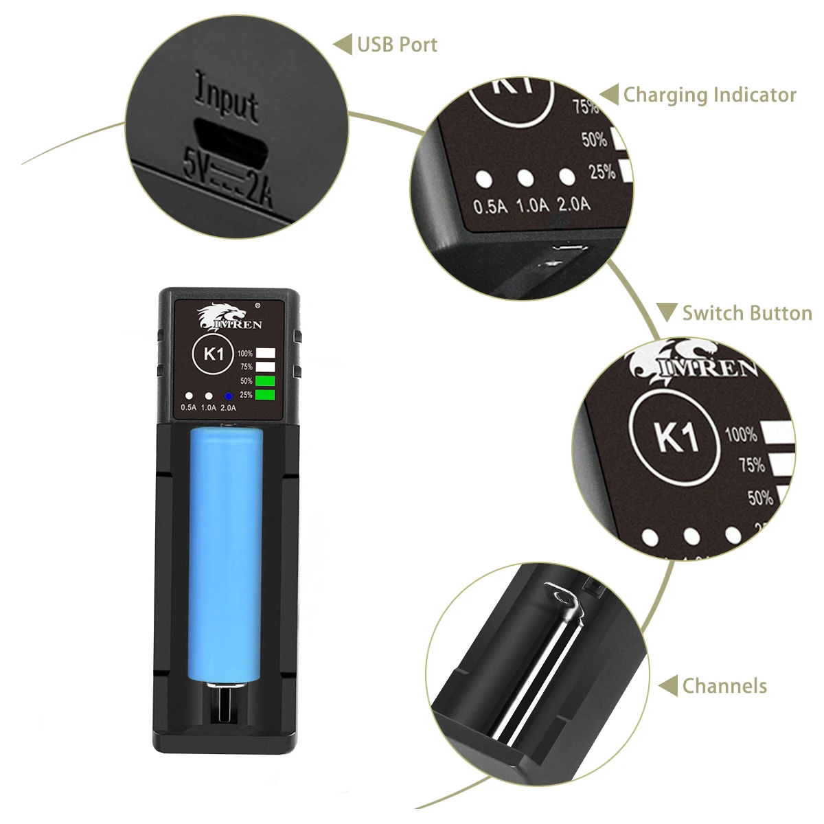 IMREN K1 Baterai Isi Ulang 5V2A USB Charger 14500 16650 17650 18650 26650 21700 18350 AA Lithium AAA NiMH Baterai Ni-cd